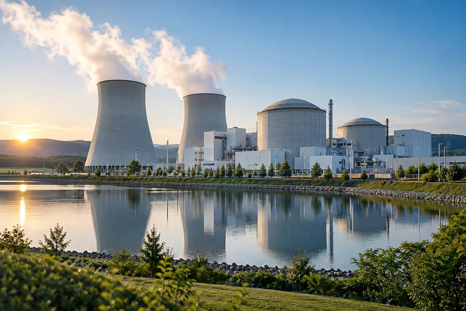 Modern nuclear power station beside a landscaped waterway