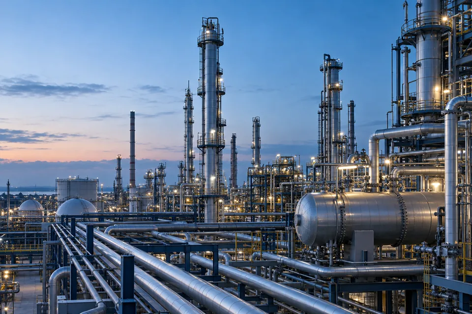 Modern petrochemical process facility with piping and columns