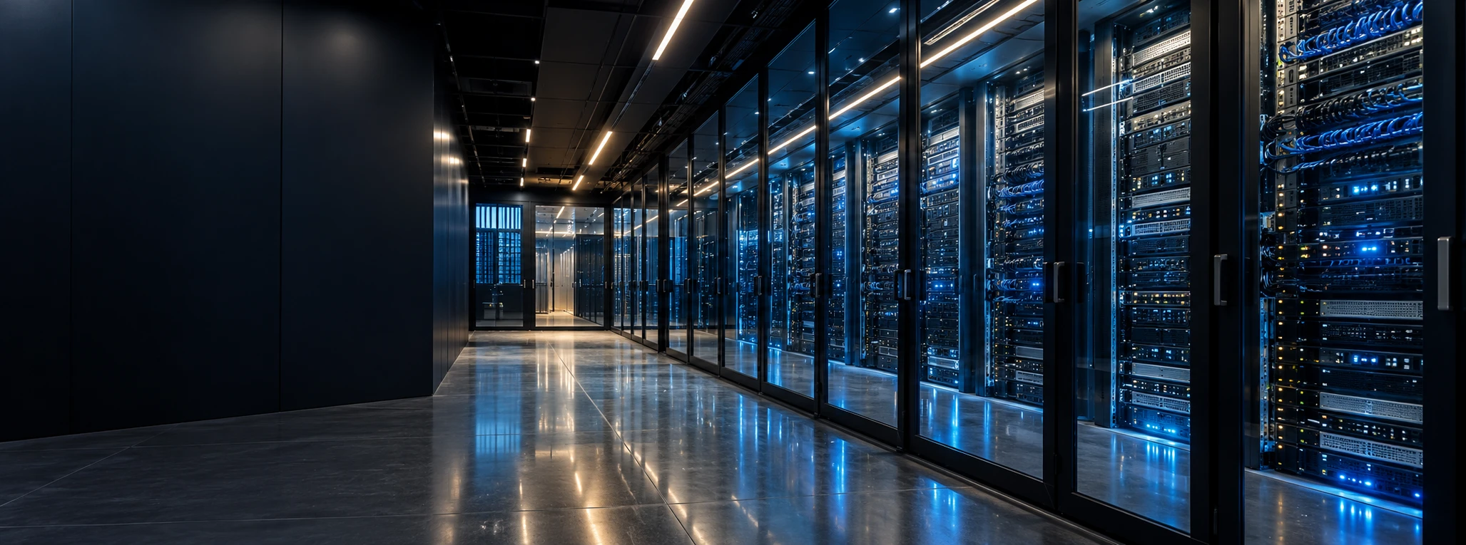 Modern data centre with glass-enclosed server racks and blue lighting