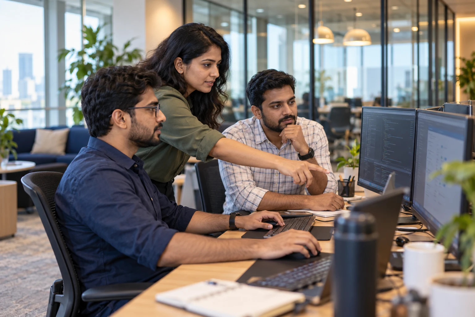 Software engineers collaborating on a business application in a modern office
